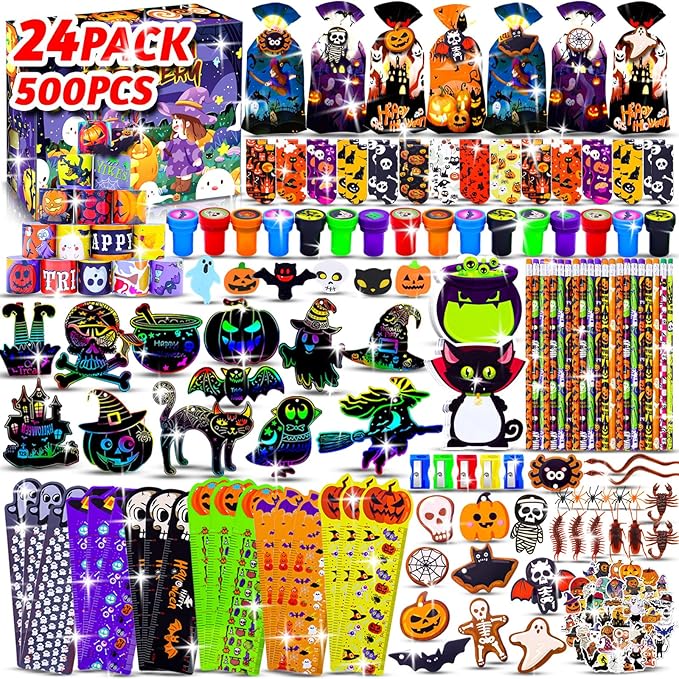 24 PACK 500 PCS Halloween Stationery Set, Party Favors for Kids Assorted Art and Craft Kit, Goodie Bag Stuffers Classroom Prizes Trick or Treat Fillers