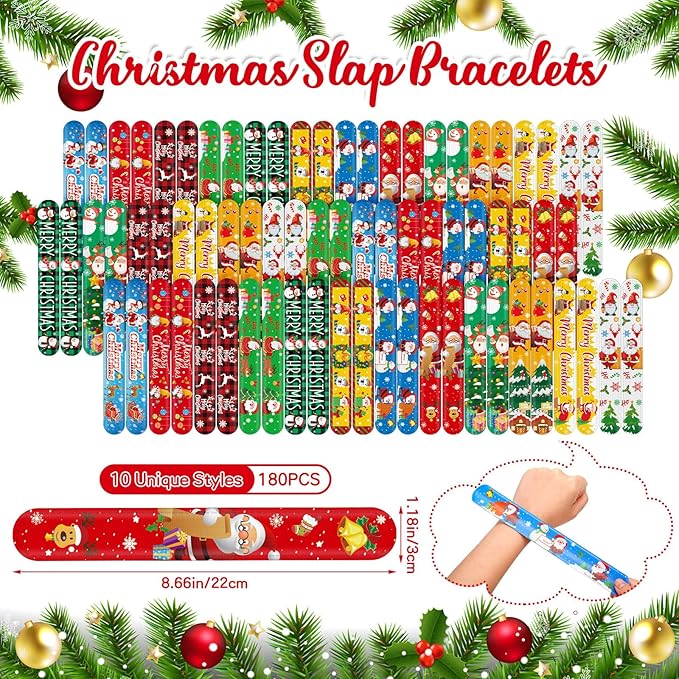 240 Pcs Christmas Slap Bracelets Bulk Santa Theme Christmas Party Favors Holiday Snap Bracelets Kids Xmas Slap Bands for Birthday Party Gifts Stocking Stuffers Classroom Prizes, 24 Designs