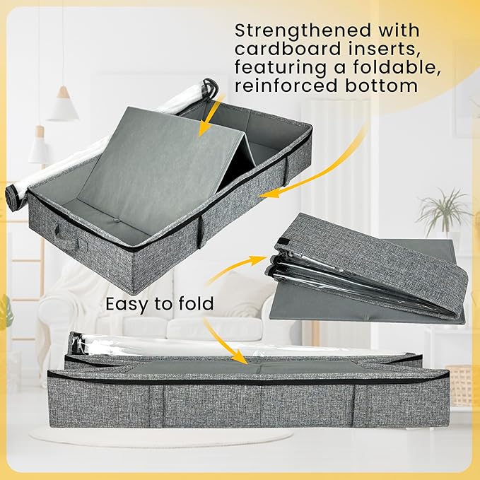 Clutter Mutter Gray Low Profile Under Bed Storage Containers 5 inches high, 33.8"x 17.7"x 5.1", Sturdy Underbed Shoe Storage Organizer, Foldable Fabric Under the Bed Storage Bins - Pack of 2
