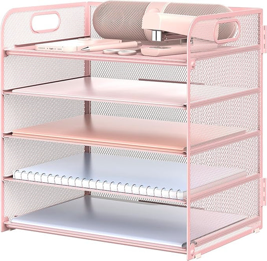 Sinboun Letter Tray Paper Organizer 5-Tier Desk Organizer File Organizer Paper Holder with Handle, Metal Desktop Document Shelf Tray Office Classroom Organization - Pink, PK5CENGTISHOU