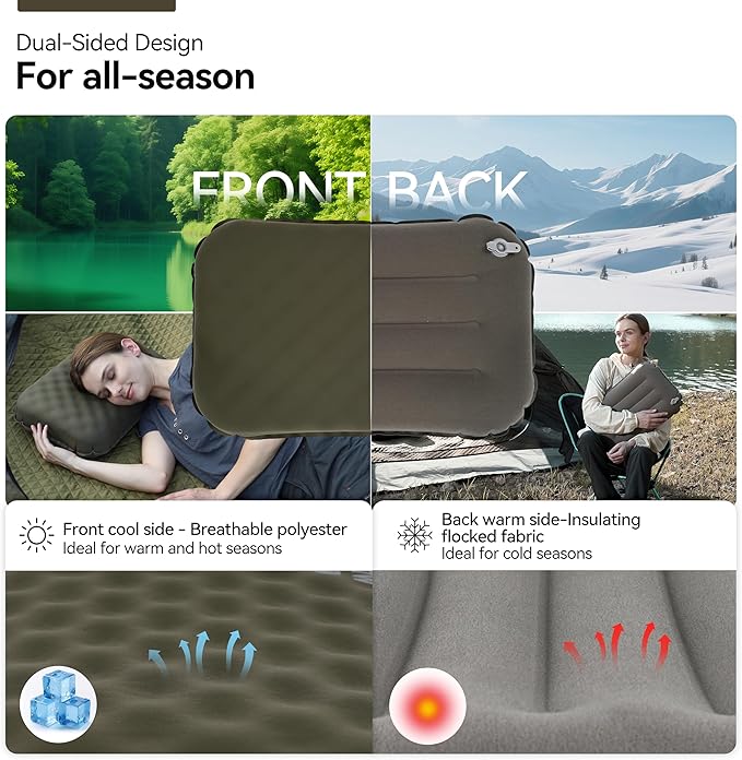 MARCHWAY Inflatable Camping Pillow with Soft Foam Top & TPU Air Bladder, Dual-Sided Support for All-Season, Lightweight Compact Travel Pillow for Hiking, Backpacking, Airplane, Car (Green)