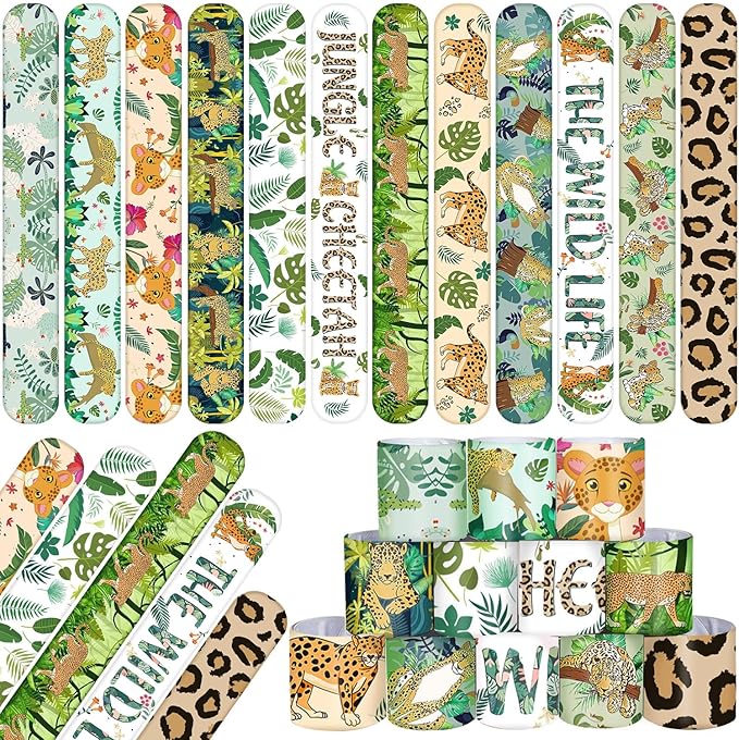 48 PCS Jungle Cheetah Slap Bracelets Cheetah Party Favors Cartoon Jungle Animals Party Wristbands for Kids Boys Girls Safari Leopard Party Supplies Birthday Party Baby Shower Carnival Prizes Gifts