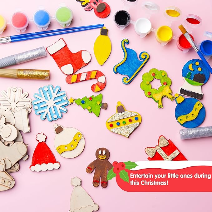JOYIN 14 Christmas Wooden Magnet Creativity Arts & Crafts Painting Kit Decorate Your Own for Kids Paint Gift, Birthday Parties and Family Crafts, Holiday Stuffers(Age 8+)