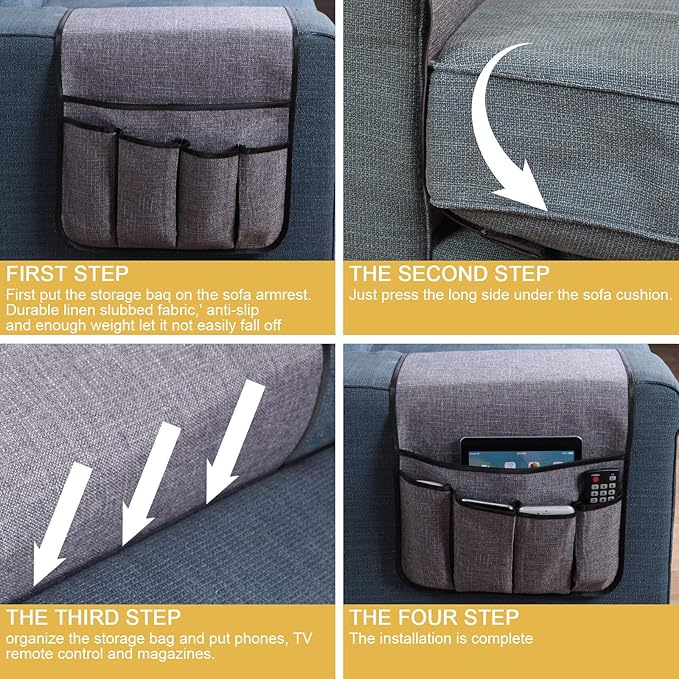 Sofa Armrest Organizer,Non-Slip Remote Control Holders for Recliner Couch,Chair Armchair Caddy with 5 Pockets for Table,Cell Phone,Ipad,Magazines,Books (13x35In, Lightgrey)
