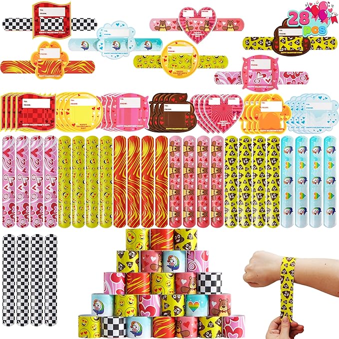 JOYIN 28 Packs Valentine's Day Slap Bracelet Set with Valentine Gift Cards for Classroom Exchange Prizes, Valentine Party Favors, Valentine’s Greeting Cards