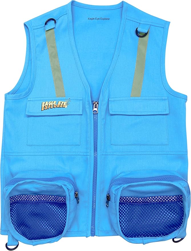 Light Blue S/M Vest and Hat Fits Youth Size 4-7; 1 Blue Cargo Vest for Kids with Reflective Safety Straps & 1 Floppy Bucket Sun Hat with Chin Strap. Color: Light Blue Fits 4-7
