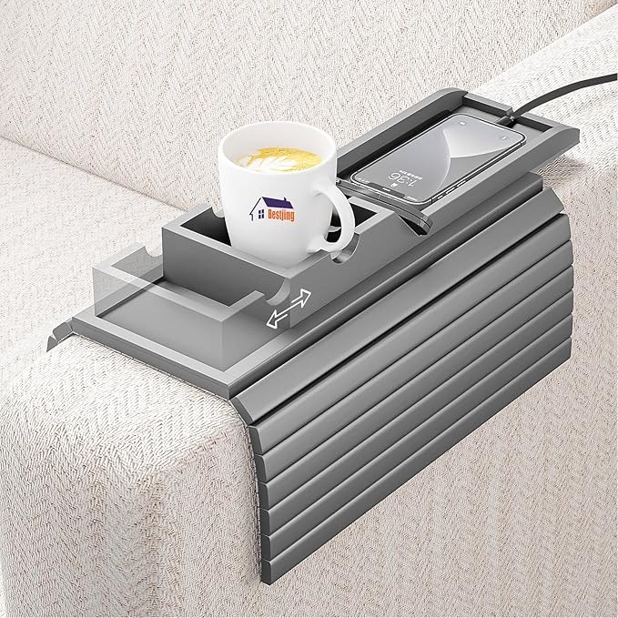 Bamboo Couch Armrest Table, Sofa Arm Tray with Detachable Couch Cup Holder- 2 in 1 Anti-Slip Foldable Sofa Armchair Caddy Table for Drinks Cellphone TV Remote Snacks (Gray)