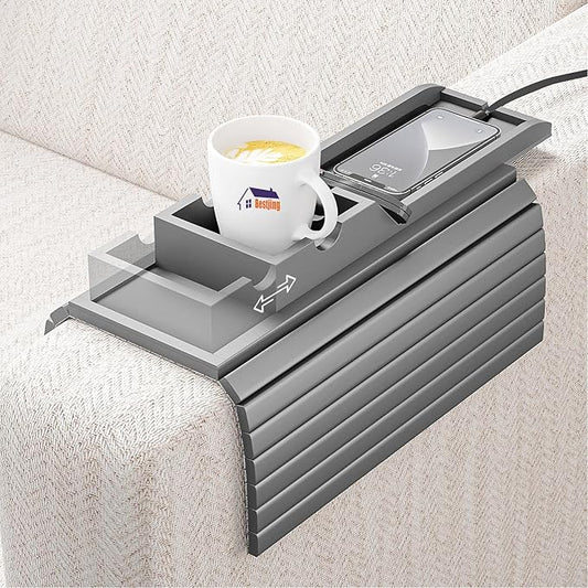 Bamboo Couch Armrest Table, Sofa Arm Tray with Detachable Couch Cup Holder- 2 in 1 Anti-Slip Foldable Sofa Armchair Caddy Table for Drinks Cellphone TV Remote Snacks (Gray)
