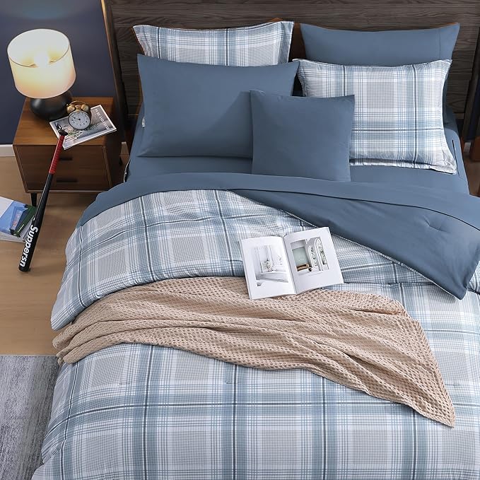 MaiRêve Plaid Full Comforter Sets, Light Blue Grid Farmhouse Bedding Set Bed in A Bag, Classic Checkered Comforter Sets with Fitted & Flat Sheet, Pillowcases & Shams(Light Blue, 80"x90")