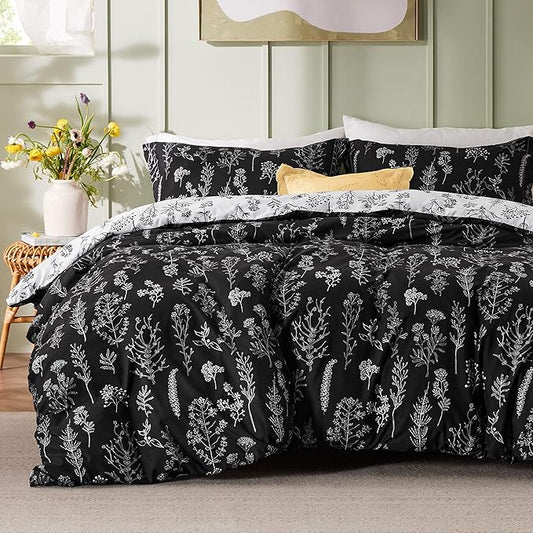 Bedsure Full Comforter Set - Black Bed Set, 3 Pieces Cute Floral Bedding, 1 Soft Reversible Botanical Flowers Comforter and 2 Pillow Shams