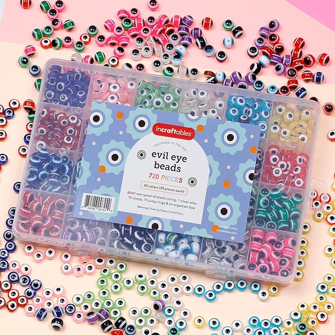 Incraftables Evil Eye Beads for Jewelry Making (24 Colors). Best Evil Eye Bracelets kit (720pcs). Round Glass Beads for DIY Charms & Necklace with Elastic String & Clasps