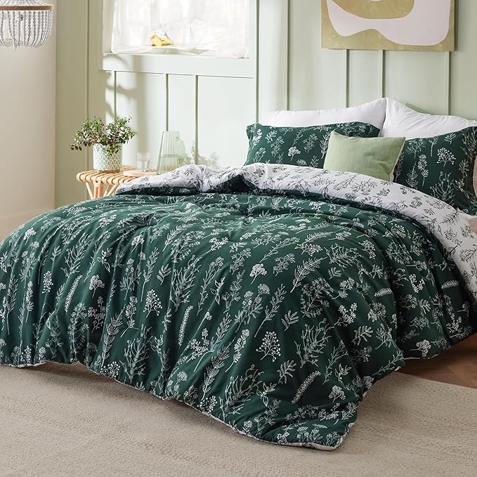 Bedsure Twin/Twin XL Comforter Set - Emerald Bed Set, 2 Pieces Cute Floral Bedding, 1 Soft Reversible Botanical Flowers Comforter and 1 Pillow Sham