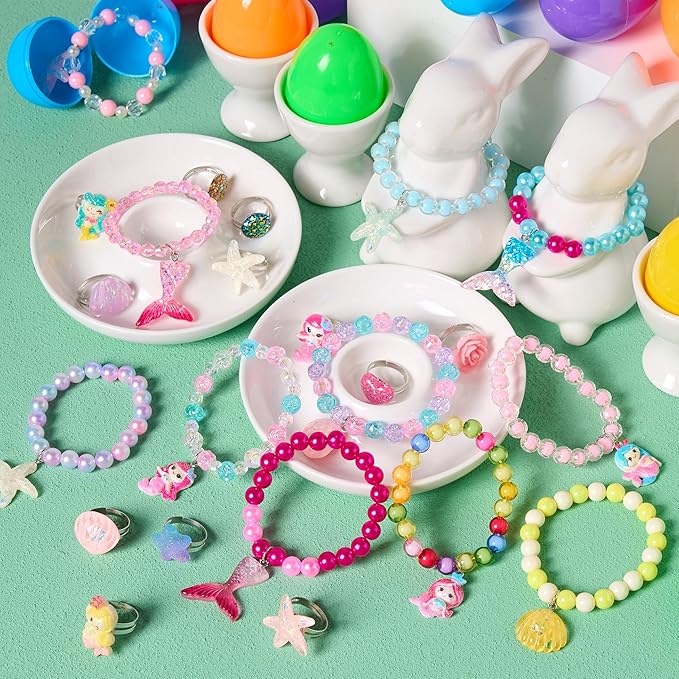 JOYIN 12 Pack Prefilled Easter Eggs with Different Designs of Beads Bracelets and Rings Inside, Jewelry Toys for Easter Basket Stuffers, Kids Egg Hunt, Girls Party Favors, Classroom Prizes Supplies