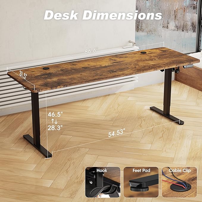 Monomi 86.6" Electric Standing Desk for Home Office - Large Adjustable Height Desk with 178 lbs Weight Capacity, 3 Memory Presets, Quiet Motor, Anti-Collision (Rustic Brown)