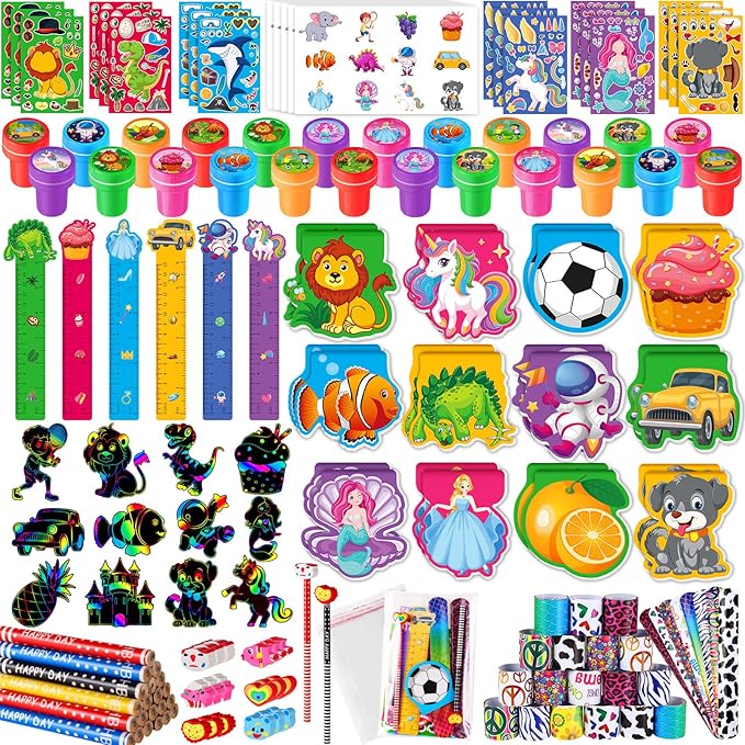 BenLouis 120Pcs Kids' Party Favors Sets Stampers Pencils Stickers School Stationery Bulk for Kids 4-8-12 Classroom Birthday Candy Goodie Bags Pinata Stuffers Rewards Gifts Supplies