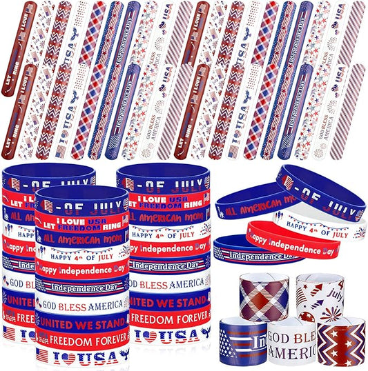 60 Pcs 4th of July Slap Bracelets and Silicone Wristband for Kids American Patriotic Party Favors Supplies Independence Day Decorations Accessories Red White Blue