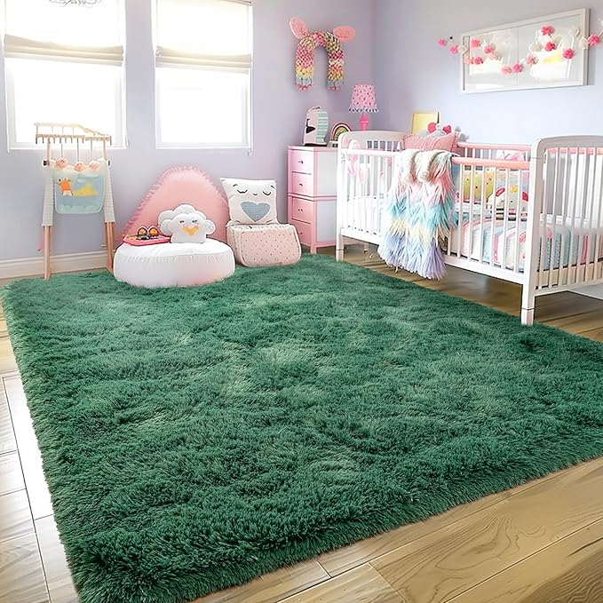 Xexsin Ultra Fluffy Area Rugs for Living Room Bedroom, 6x9 Fuzzy Large Living Room Rugs, Thick Shag Rug for Dorm, Soft Non Slip Kids Girls Boys Rug for Home Decor Aesthetic, Dark Green