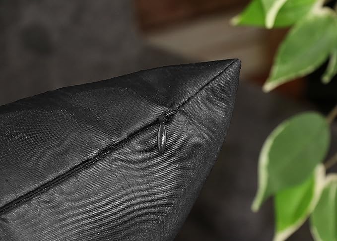 Aiking Home 12x18 Inches Faux Silk Rectangular Throw Pillow Cover, Zipper Closure, Black (Set of 2)