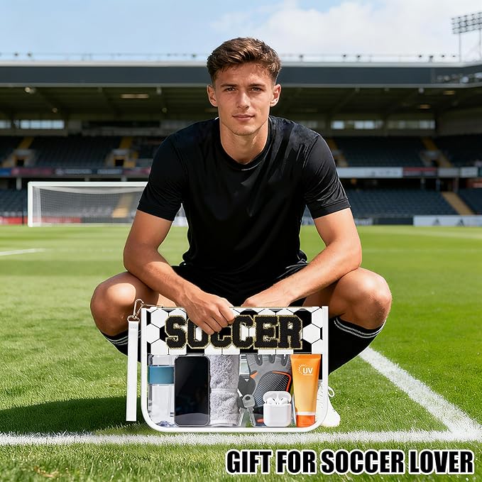 BuyCard Soccer Gift Makeup Bag with Chenille Letter Patch, Clear Cosmetic Pouch PVC Organizer Purse, Waterproof Travel Bag, Portable Toiletry Storage Bag for Her Friends