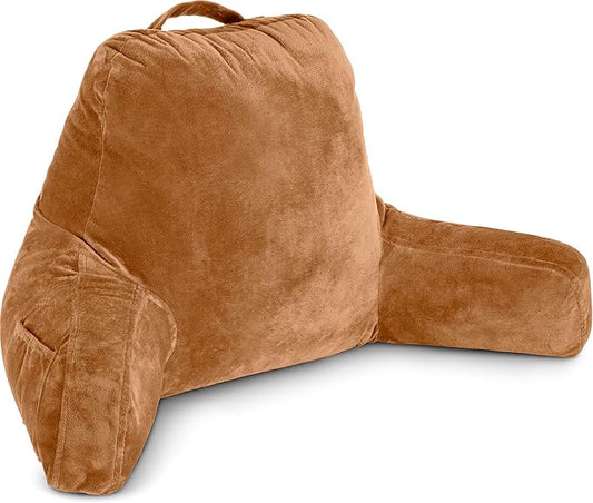 Husband Pillow Tan, Original Reading Pillow in Bed Rest Chair, Shredded Memory Foam Large Lounge Cushion Adult Backrest with Arms, Comfy Back Support for Sit Sitting Up, Washable/Removable Cover