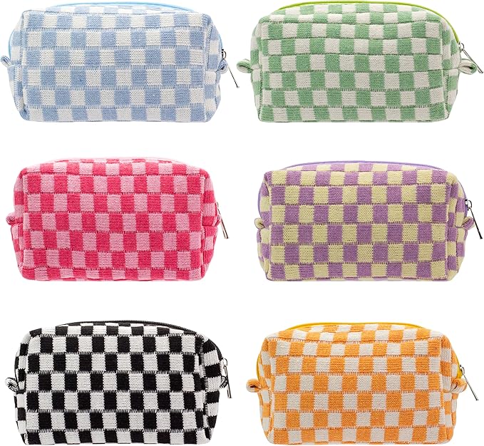 PAZIMIIK Checkered Makeup Bag for Purse Portable Zipper Make Up Pouch Small Cosmetic Case for Travel Accessories (6PCS Colorful)