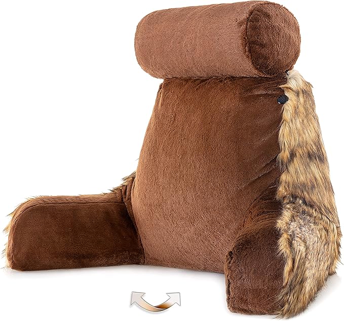 Husband Pillow Medium Limited Baby Brown Bear Fabulous Faux Fur Backrest, 2-Tone Reversible Double Sided Reading & Bed Rest Pillow with Arms & Neck Roll, Adjustable Memory Foam - Extremely Comfy