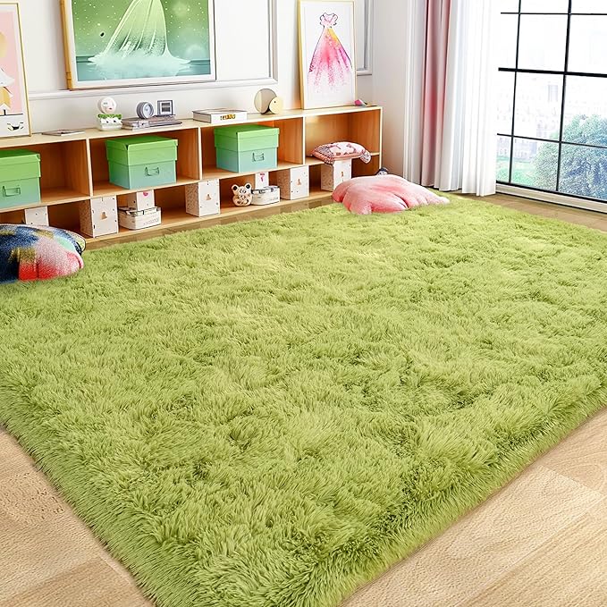 Xexsin Ultra Fluffy Area Rugs for Living Room Bedroom, 6x9 Fuzzy Large Living Room Rugs, Thick Shag Rug for Dorm, Soft Non Slip Kids Girls Boys Rug for Home Decor Aesthetic, Green