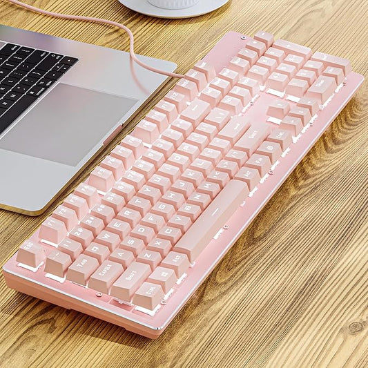 EWEADN TK100 Typewriter Keyboard Wired Mechanical Keyboard, 104 Keys Aesthetic Typewriter Keyboards with White Backlit, Anti-Ghosting, Blue Switch Wired Cute Keyboards-Pink