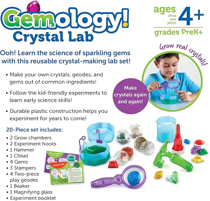 Learning Resources Gemology! Crystal Lab,STEM Toys, Early Science, Science Kit for Kids, Fun Gifts for Kids, 20 Pieces, Ages 4+