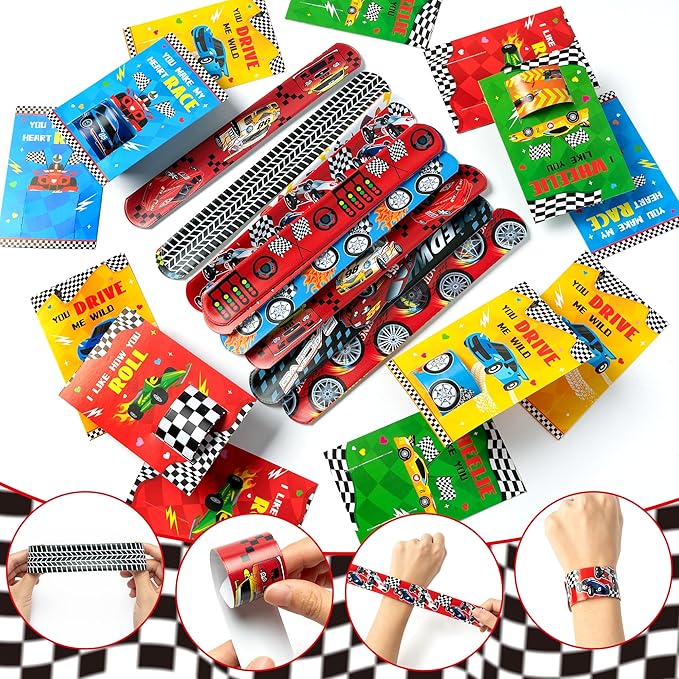 ANGOLIO 28 PCS Valentine's Day Race Cars Slap Bracelet with Gift Cards for School Greeting Gifts Exchange Valentine's Day Race Car Toys Set Classroom Prize Goodies Bag