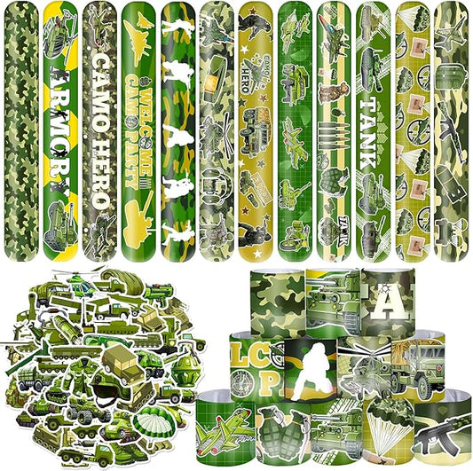 74 PCS Army Party Favors, 24 PCS Military Camo Slap Bracelets 50 PCS Army Stickers Army Birthday Party Decorations Supplies Gifts for Kids Classroom Rewards