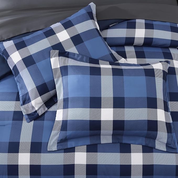 MaiRêve Twin XL Plaid Comforter Set Indigo Blue, Classic Checkered 5 Pieces Bedding Set for Boys Girls Teen, All Season Lightweight Bed in A Bag with Sheets, Pillowcases & Shams