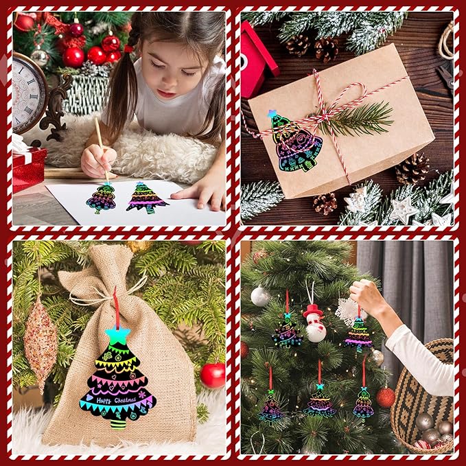 FEBSNOW 48 PCS Christmas Crafts for Kids, Magic Rainbow Christmas Scratch Art Paper Cards Christmas Tree Hanging Ornaments Christmas Gifts for Party Favors Games
