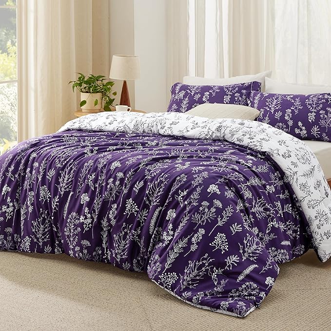 Bedsure Twin/Twin XL Comforter Set - Dark Purple Bed Set, 2 Pieces Cute Floral Bedding, 1 Soft Reversible Botanical Flowers Comforter and 1 Pillow Sham