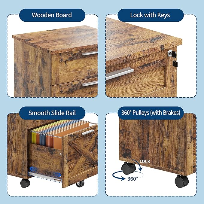 GarveeHome 3-Drawer File Cabinet with Lock, Mobile Under Desk Filing Cabinet for Home Office, Wood Storage Organizer for Letter/a4/Legal Size Documents