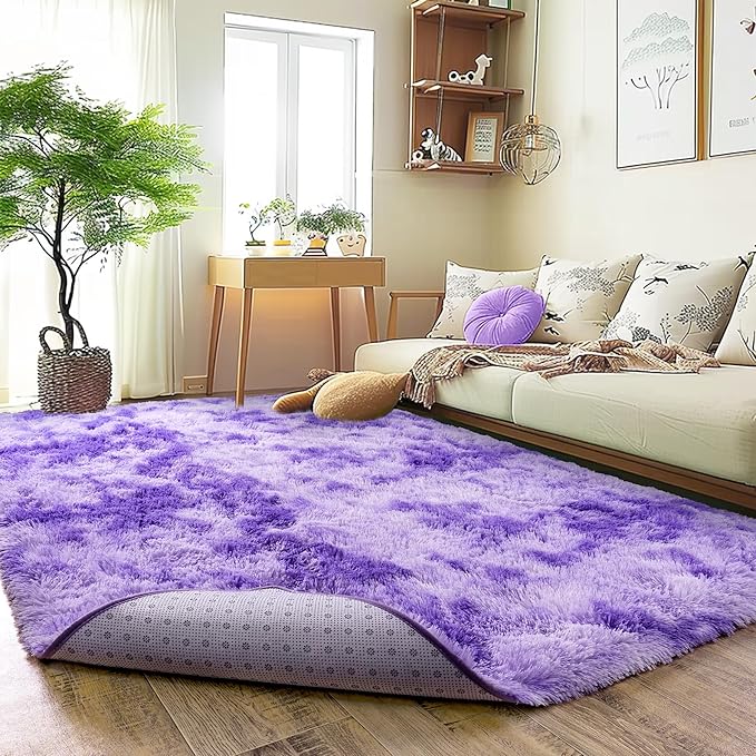 Xexsin Ultra Fluffy Area Rugs for Living Room Bedroom, 6x9 Fuzzy Large Living Room Rugs, Thick Shag Rug for Dorm, Soft Non Slip Kids Girls Boys Rug for Home Decor Aesthetic, Tie-Dyed Purple