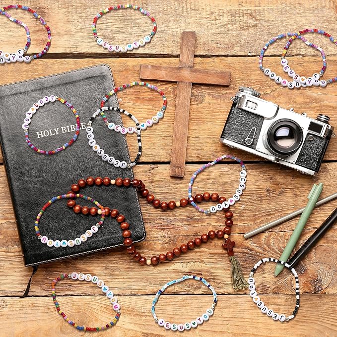 72 Pcs WWJD Bracelets Jesus You Christian Bracelets Bulk, Beaded Friendship Bracelet for Women Kid Colorful Religious Bracelets Inspirational Reminder Jewelry Gift(Jesus)