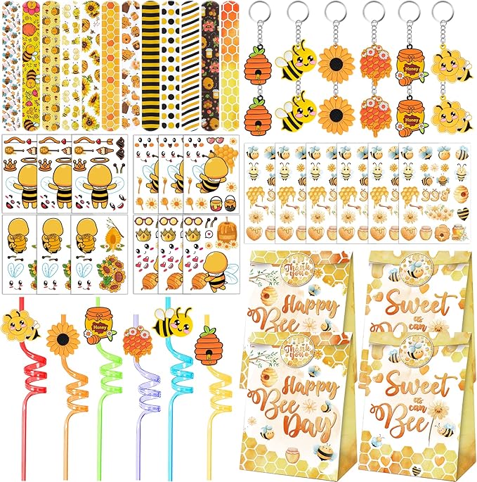 Erweicet Bee Party Favors 72 PCS Cute Bee Slap Bracelets DIY Stickers Honeycomb Temporary Tattoos Keychain Plastic Straws Gift Bags for Bee Day Theme Kids Birthday Party Baby Shower Party Supplies