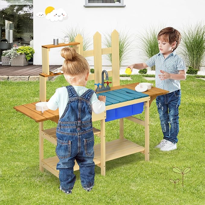 HONEY JOY Kids Mud Kitchen Playset, Indoor Outdoor Wooden Pretend Play Toy Kitchen with Removable Sink, Simulated Faucet, Mud Kitchen for Kids Outdoor, Gift for Boys Girls 3+