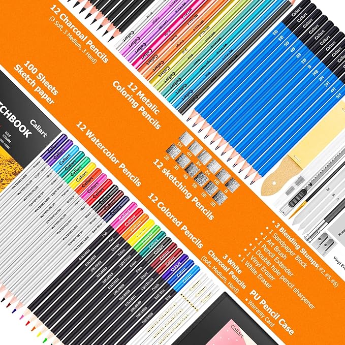 Caliart 176PCS Art Supplies Sketching Kit with 100 Sheets 3-Color Sketch Book, Graphite Colored Charcoal Watercolor & Metallic Pencils, Drawing Set Christmas Gifts for Adults Teens Girls Boys Kids