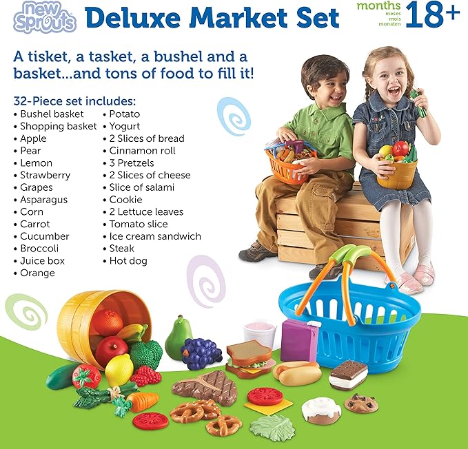 Learning Resources New Sprouts Deluxe Market Set - 32 Pieces, Ages 18+ Months Pretend Play Food for Toddlers, Preschool Learning Toys, Kitchen Play Toys for Kids