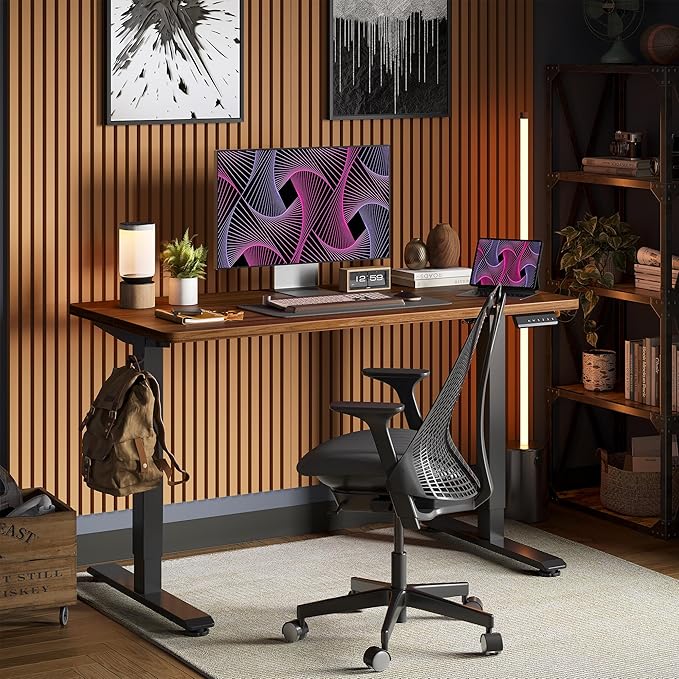 TIQLAB Height Adjustable Electric Standing Desk, 40 x 24 inch, Sit Stand Up Desk, Splice Board, Computer Home Office Desk, Black Walnut Top