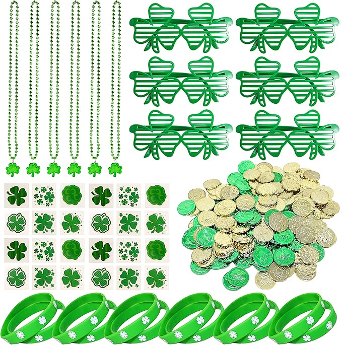 JOYIN 156 Pcs St. Patrick's Day Party Favor Set, 6 Necklaces 6 Eyeglasses 12 Bracelets 72 Temporary Tattoos 12 PCS Mustache 48 Plastic Coins St Patricks Day Accessories