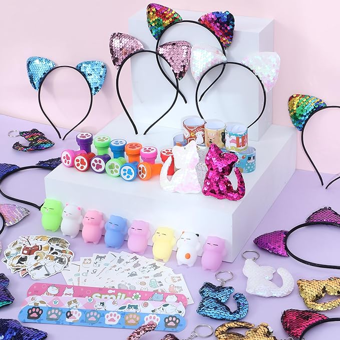 Cat Party Favors Birthday Supplies for Girls Sequin Headband Squishy Toy Keychain Tattoo Sticker Stamper Slap Bracelet Cat Sticker Goodie Bag Stuffer Kids Cat Birthday Party Supplies Decorations