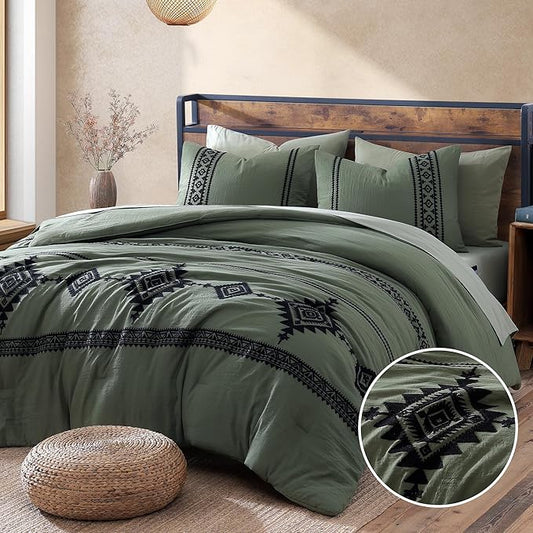 MaiRêve Embroidery Comforter Set, Boho Farmhouse Western Bedding Set, All Season Bed in A Bag Comforter Set with Sheets, Pillowcases & Shams, Olive Green Oversized Queen 7 Pieces