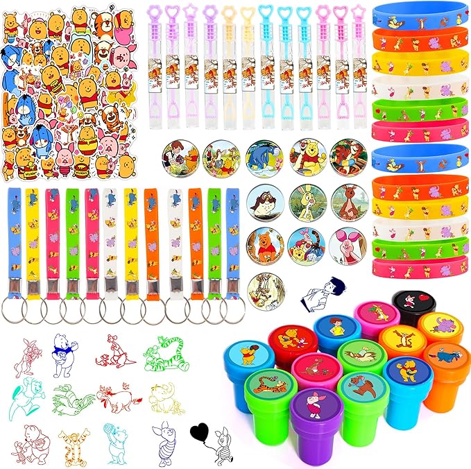124PCS Bear Baby Shower Party Favor Supplies, Themed Birthday Decorations Including 12 Bracelets, 12 Keychains, 12 Button Pins, 50 Stickers, 14 Stampers, 12 Bubble Wands and Stickers, Yellow