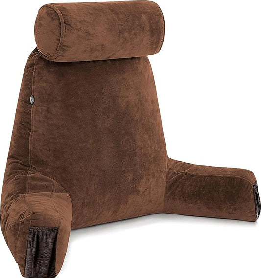 Husband Pillow Medium Chocolate, Backrest for Kids, Teens, Petite Adults - Reading Pillows with Arms, Adjustable Loft, Plush Memory Foam, Bed Rest Chair Sitting Up, Detach Neck Roll, Removable Cover