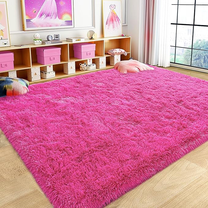 Xexsin Ultra Fluffy Area Rugs for Living Room Bedroom, 6x9 Fuzzy Large Living Room Rugs, Thick Shag Rug for Dorm, Soft Non Slip Kids Girls Boys Rug for Home Decor Aesthetic, Hot Pink