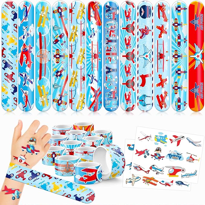 48PCS Airplane Party Favors - 24PCS Temporary Tattoos & 24PCS Airplane Slap Bracelets - Themed Birthday Party Supplies for Boys & Girls - Perfect Decorations, Gifts, School Prizes, Carnival Rewards