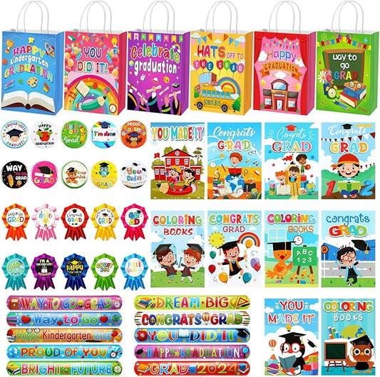180 Pcs Kindergarten Graduation Party Favor Set Include 60 Slap Bracelets 30 Coloring Books 30 Paper Bags 30 Button Pin and 30 Grad Badge Sticker for Kindergarten Graduation Party Supplies